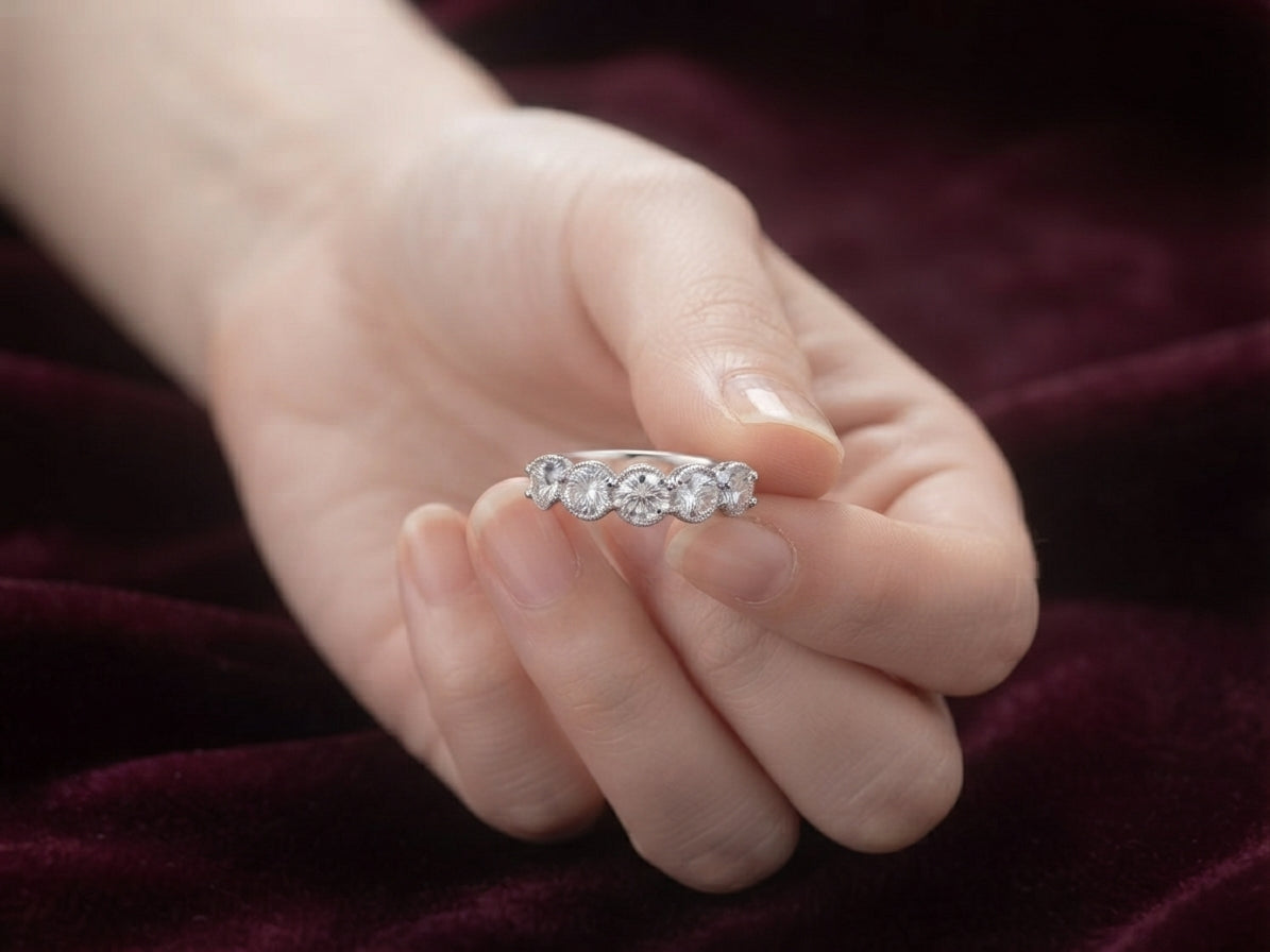 Scalloped Five-Stone Half Eternity Silver Ring