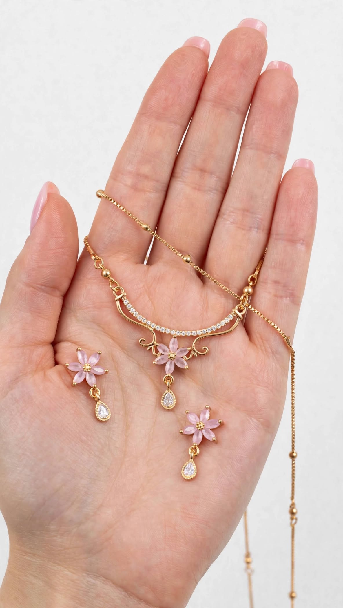 Pink Flower Gold Plated Necklace with Earrings