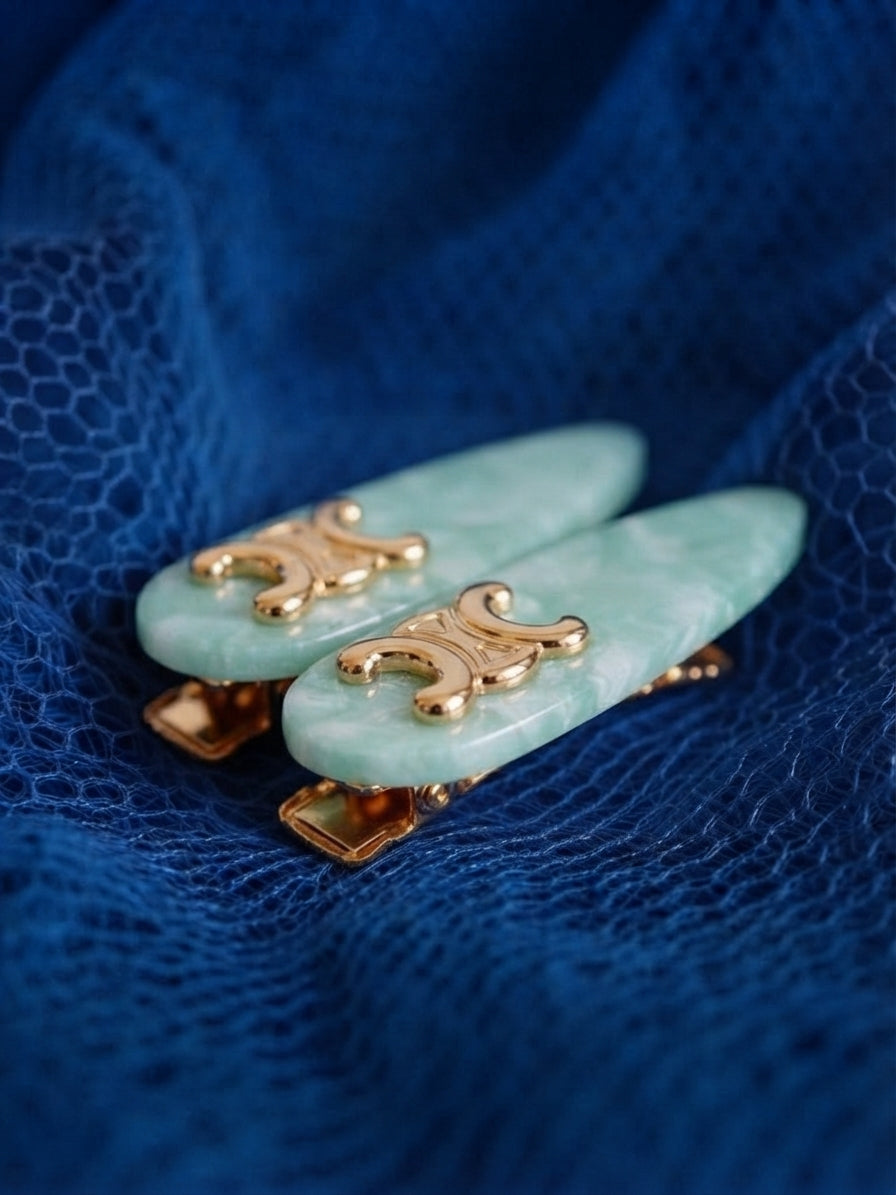 Mint Marble Designer-Emblem Hair Clip Set
