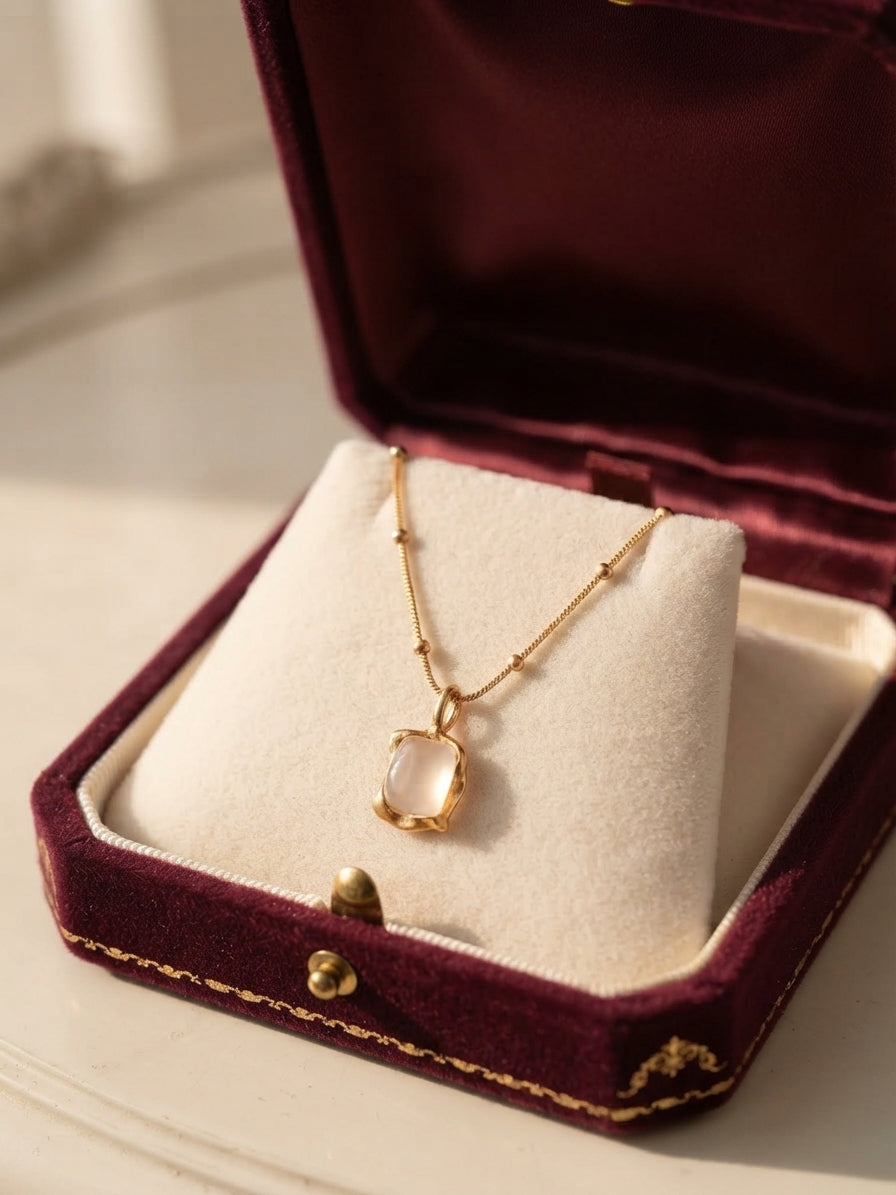 Frosted Quartz Cushion Pendant Beaded Chain Necklace