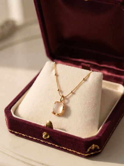 Frosted Quartz Cushion Pendant Beaded Chain Necklace
