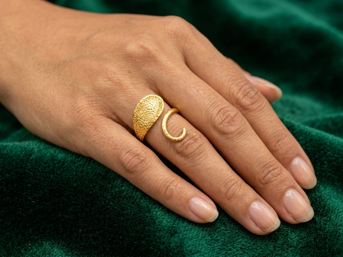 Organic Hammered Leaf Wrap Statement Ring