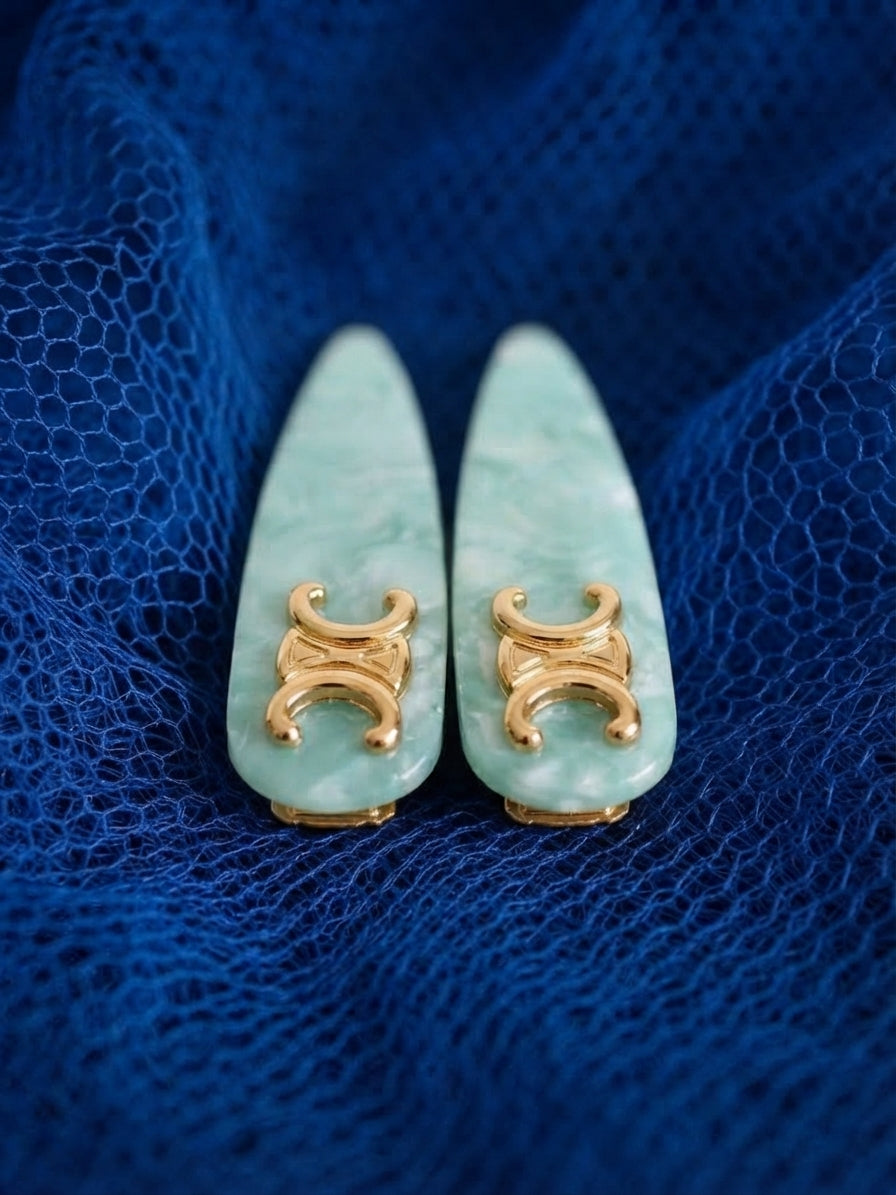 Mint Marble Designer-Emblem Hair Clip Set