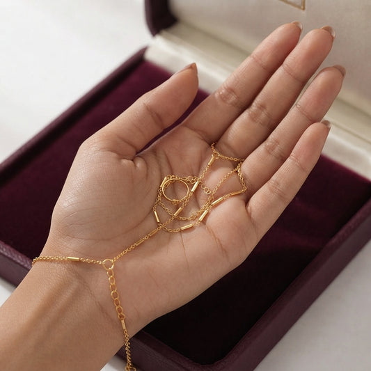 Minimalist Golden Bar Chain and Finger Ring Bracelet