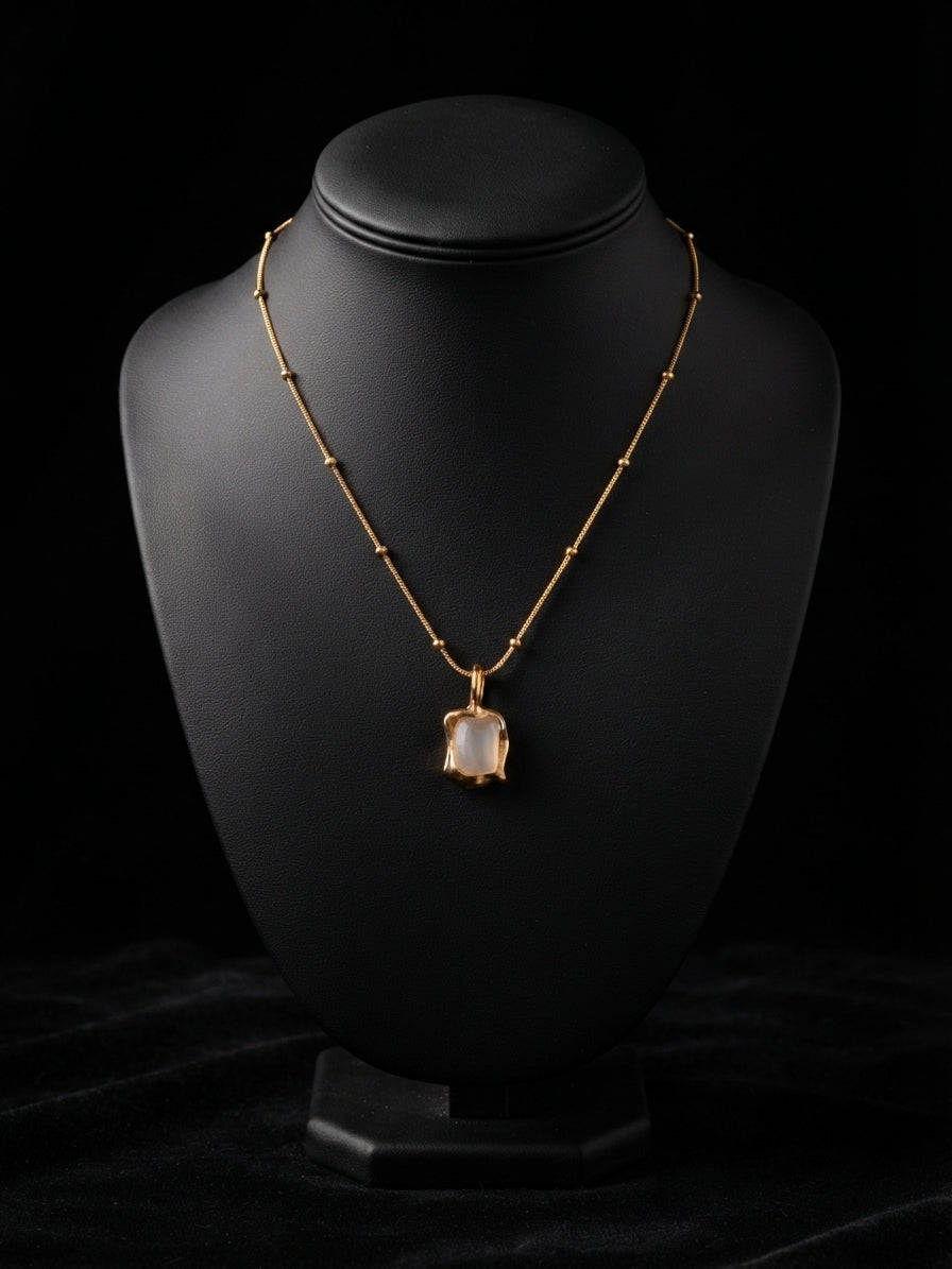 Frosted Quartz Cushion Pendant Beaded Chain Necklace