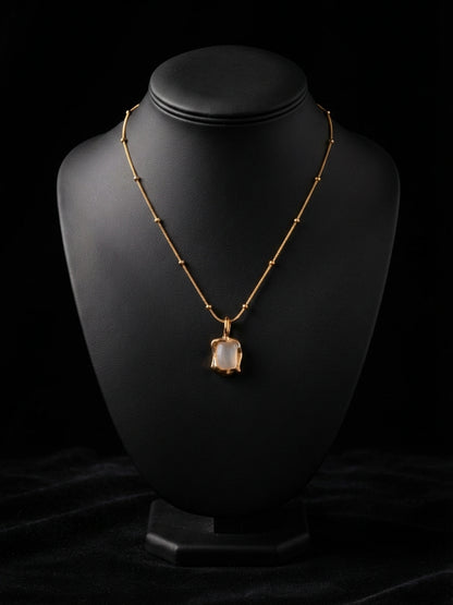 Frosted Quartz Cushion Pendant Beaded Chain Necklace