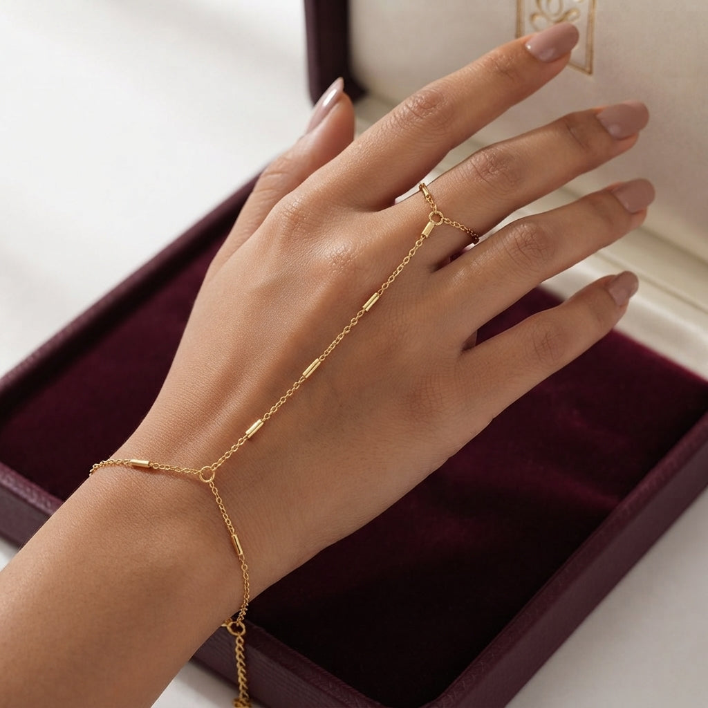 Minimalist Golden Bar Chain and Finger Ring Bracelet