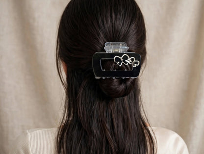 Women’s Black Hair Claw Clutcher with Double Bow