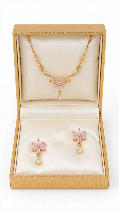 Pink Flower Gold Plated Necklace with Earrings