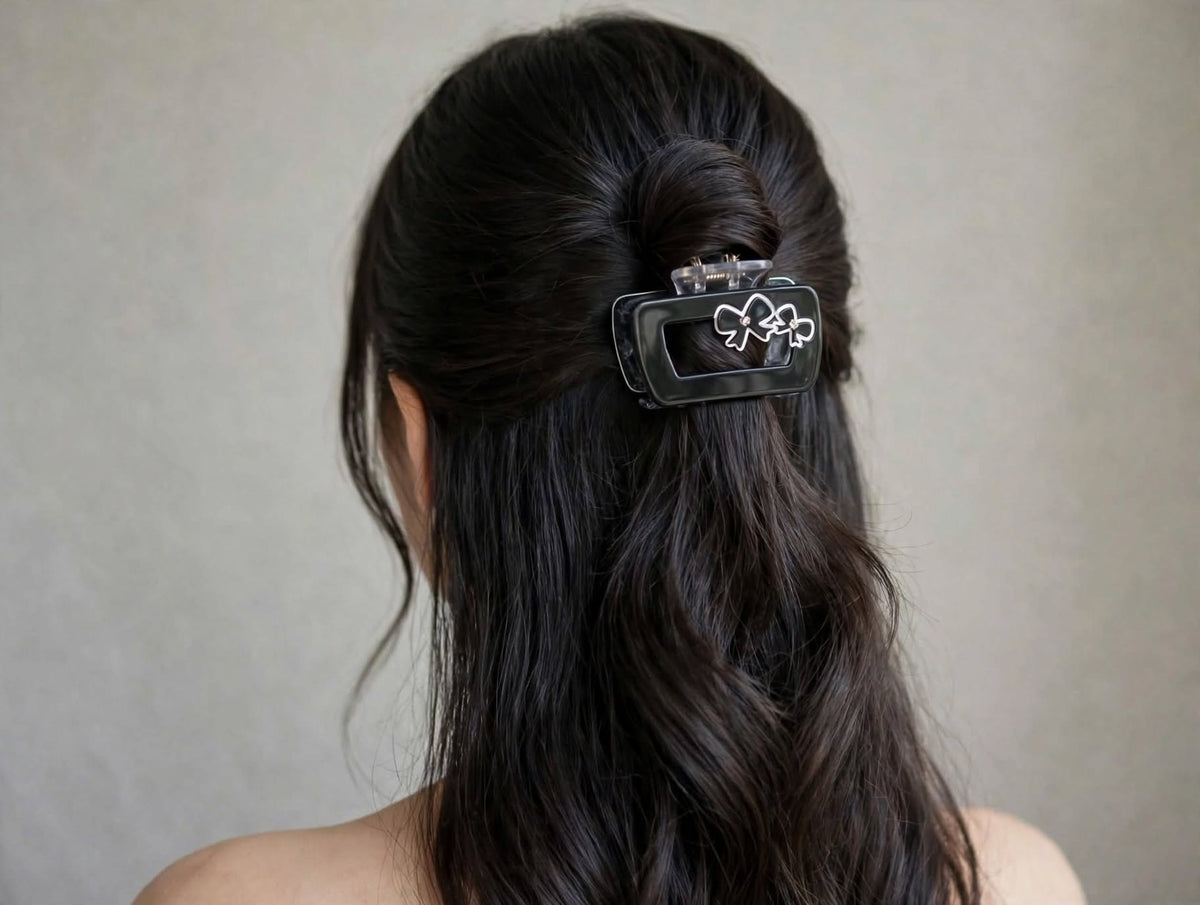 Women’s Black Hair Claw Clutcher with Double Bow