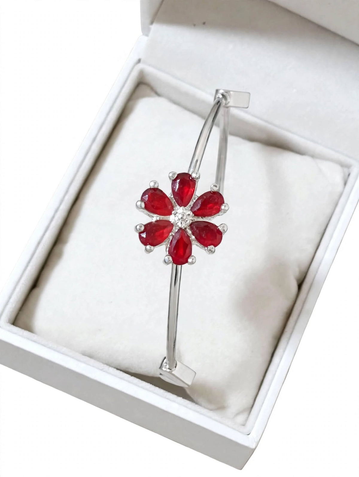 Red Crystal Floral Silver Adjustable Bangle For Women
