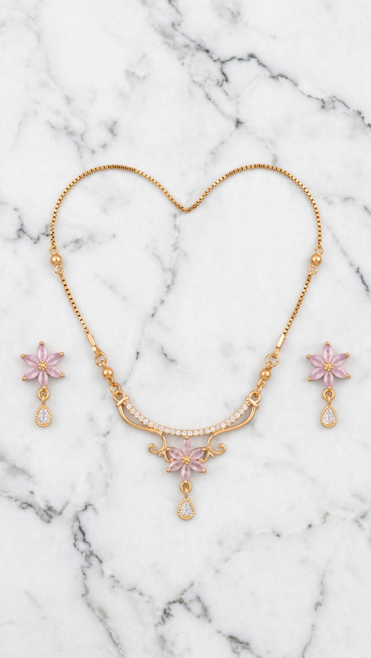 Pink Flower Gold Plated Necklace with Earrings