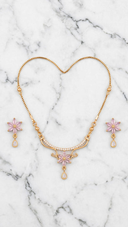 Pink Flower Gold Plated Necklace with Earrings