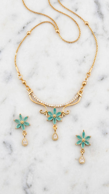 Aqua Flower Necklace with Earrings for Girls