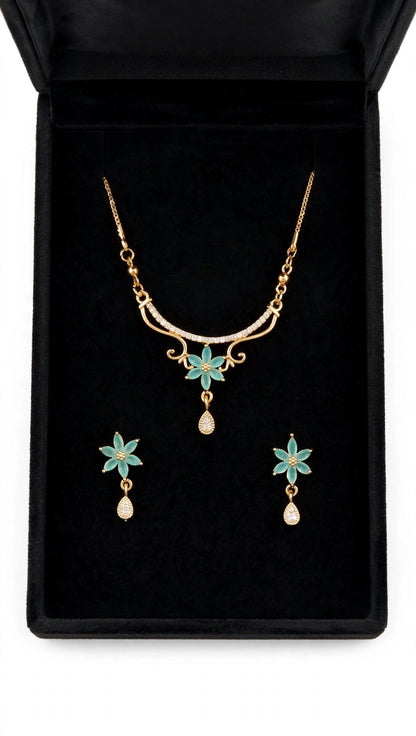 Aqua Flower Necklace with Earrings for Girls