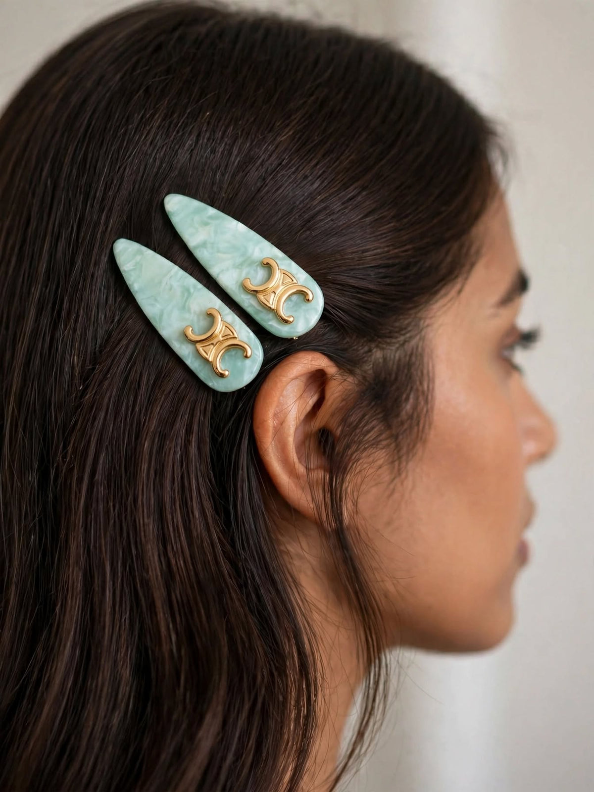 Mint Marble Designer-Emblem Hair Clip Set