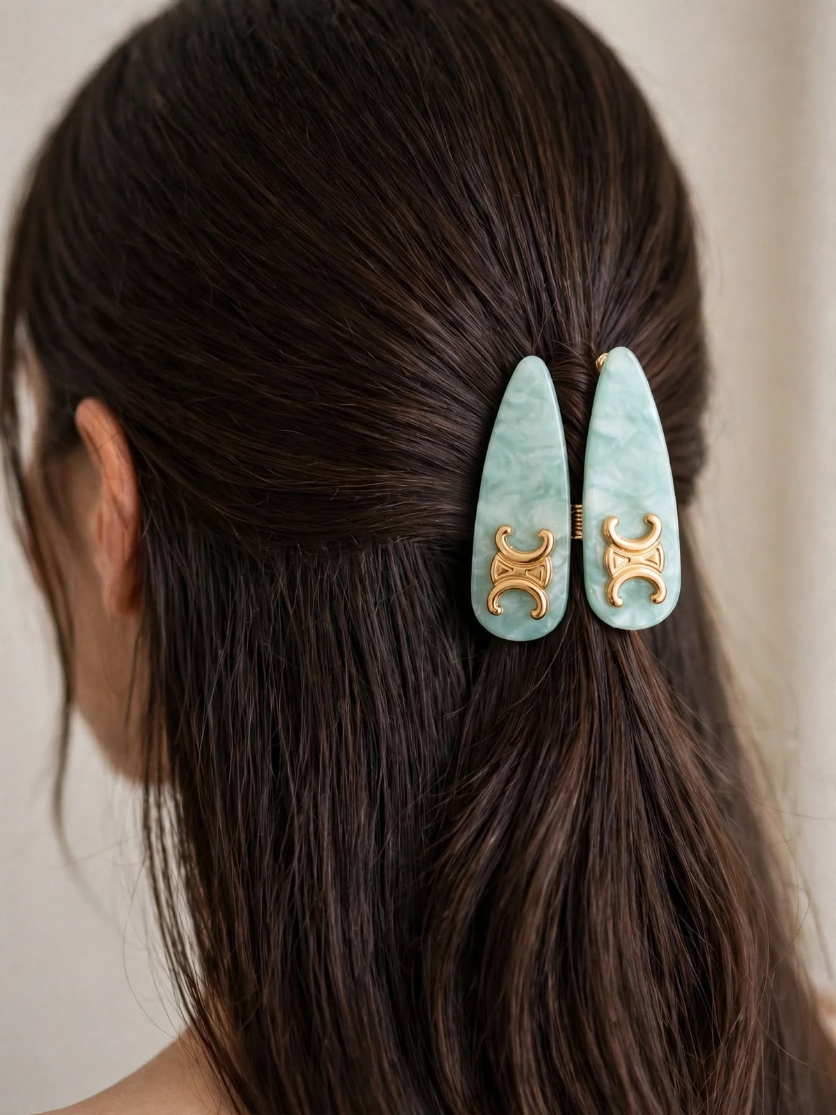 Mint Marble Designer-Emblem Hair Clip Set