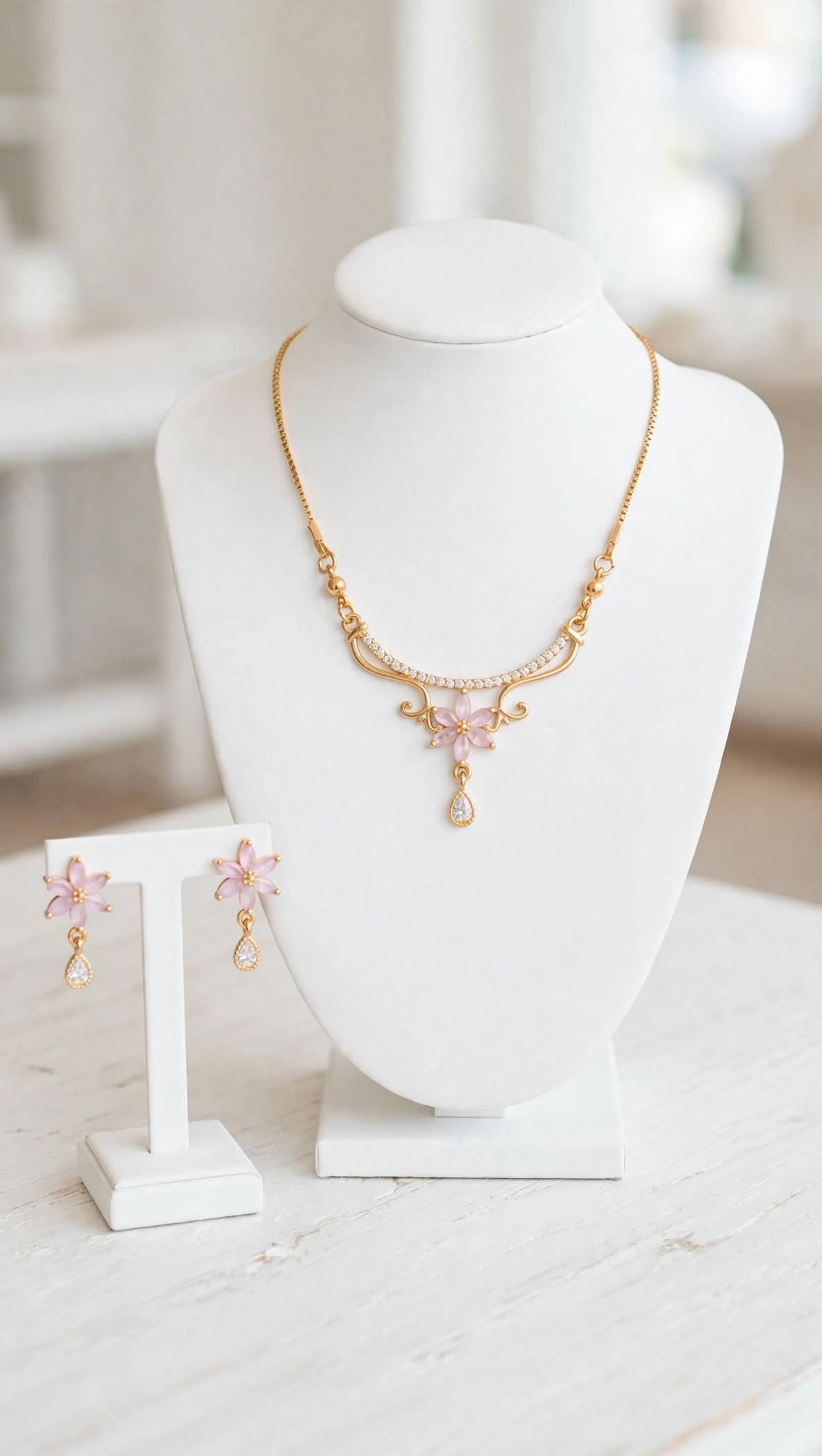 Pink Flower Gold Plated Necklace with Earrings