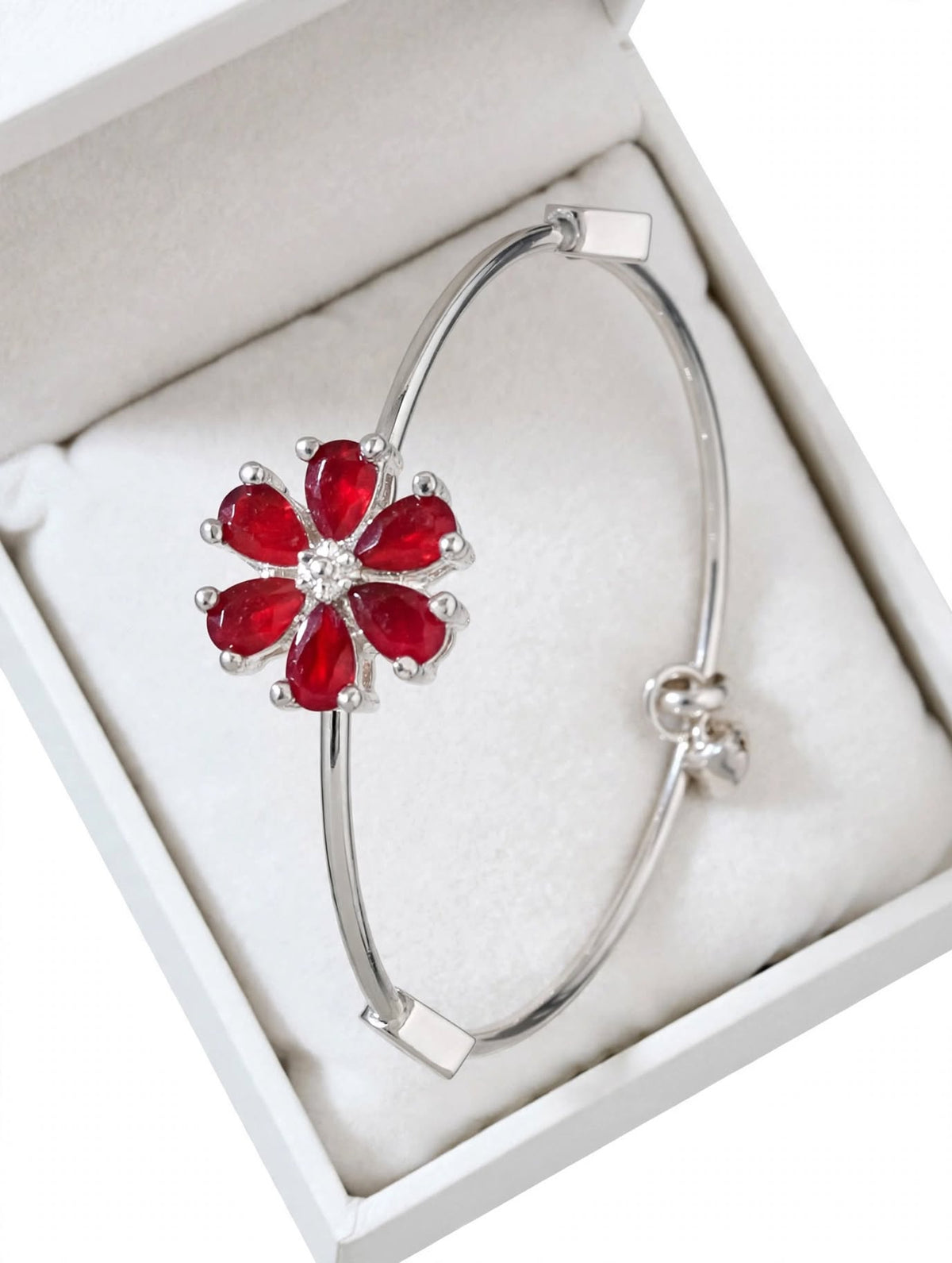 Red Crystal Floral Silver Adjustable Bangle For Women