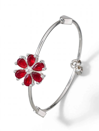 Red Crystal Floral Silver Adjustable Bangle For Women