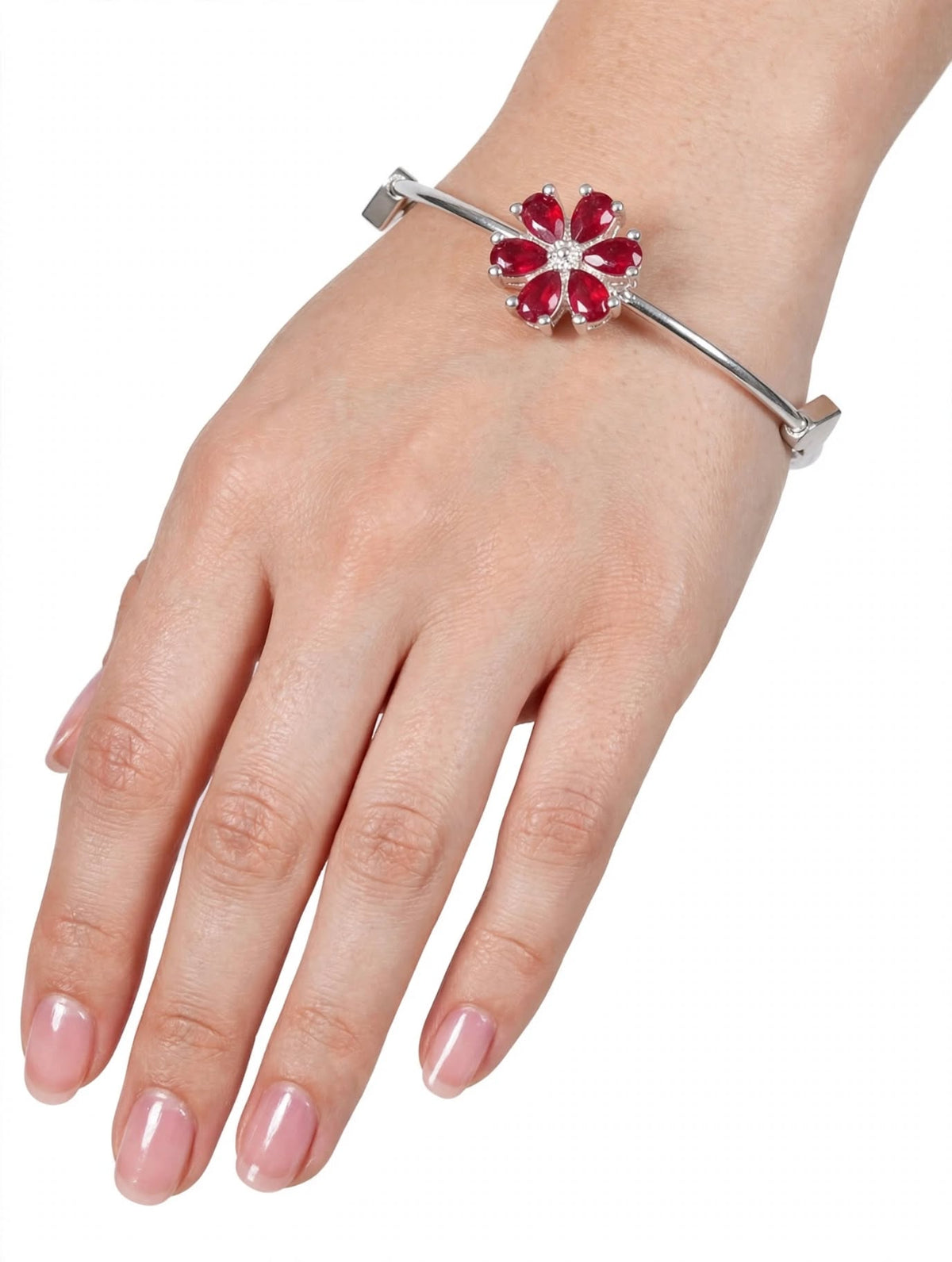 Red Crystal Floral Silver Adjustable Bangle For Women