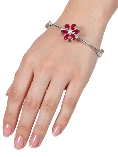 Red Crystal Floral Silver Adjustable Bangle For Women