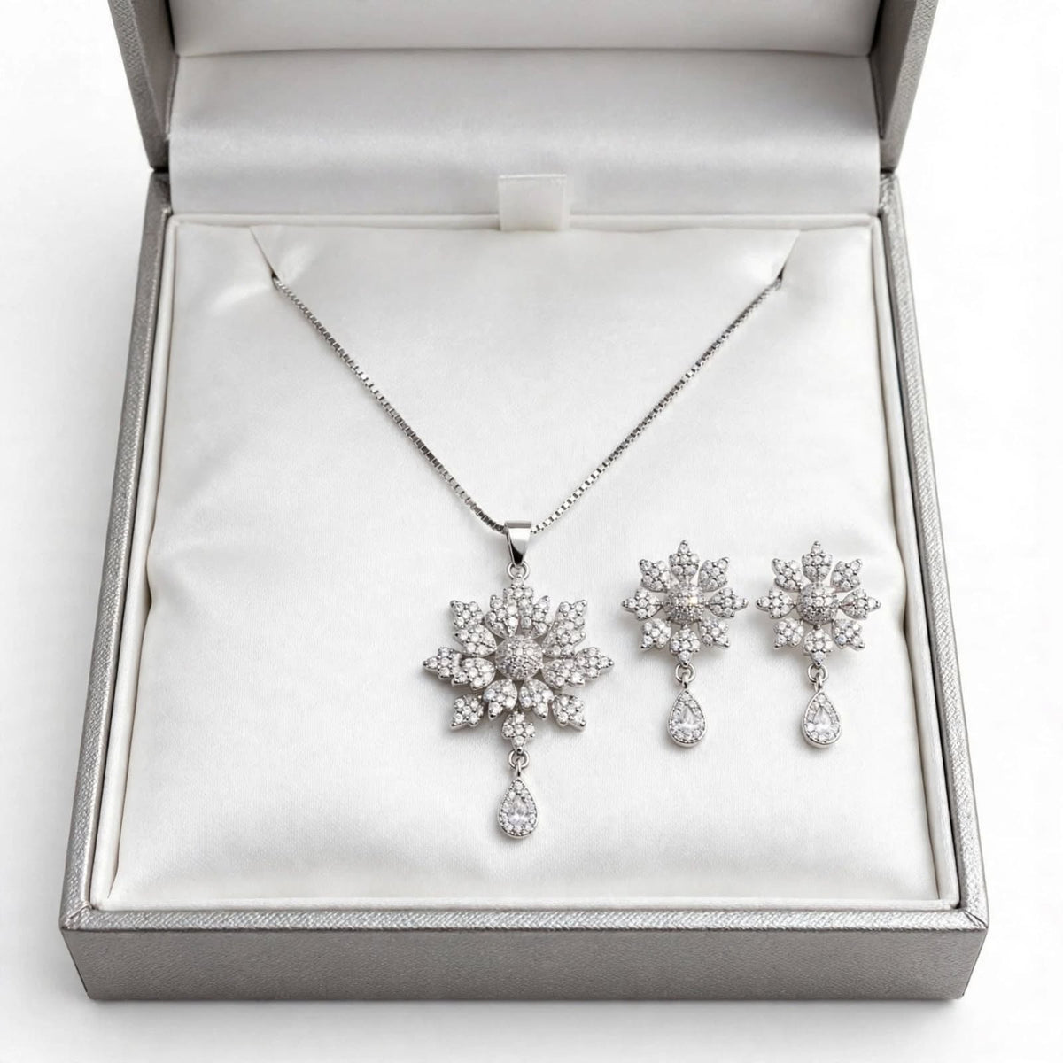Silver Zircon Flower Necklace with Earrings