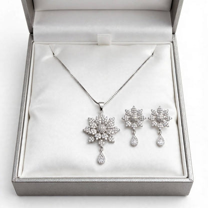 Silver Zircon Flower Necklace with Earrings