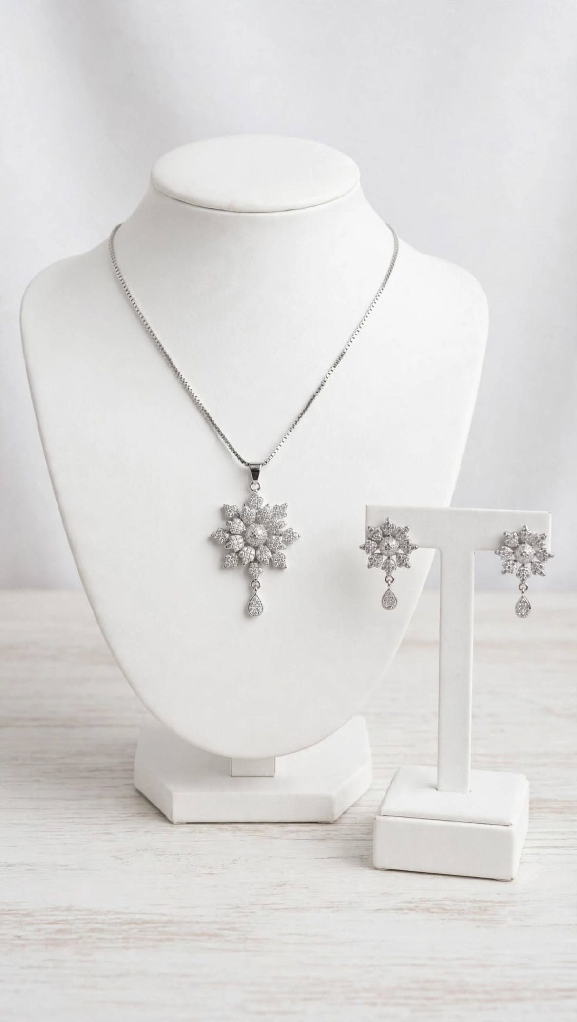 Silver Zircon Flower Necklace with Earrings