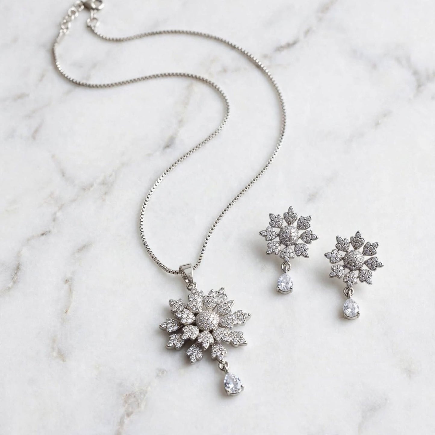 Silver Zircon Flower Necklace with Earrings