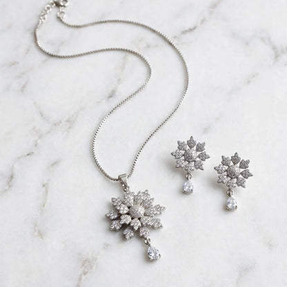 Silver Zircon Flower Necklace with Earrings
