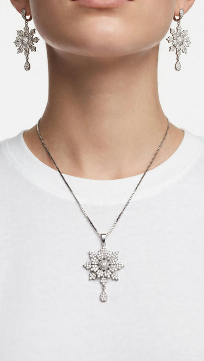 Silver Zircon Flower Necklace with Earrings