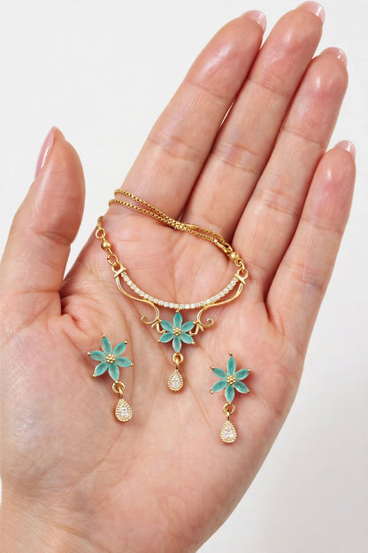 Aqua Flower Necklace with Earrings for Girls
